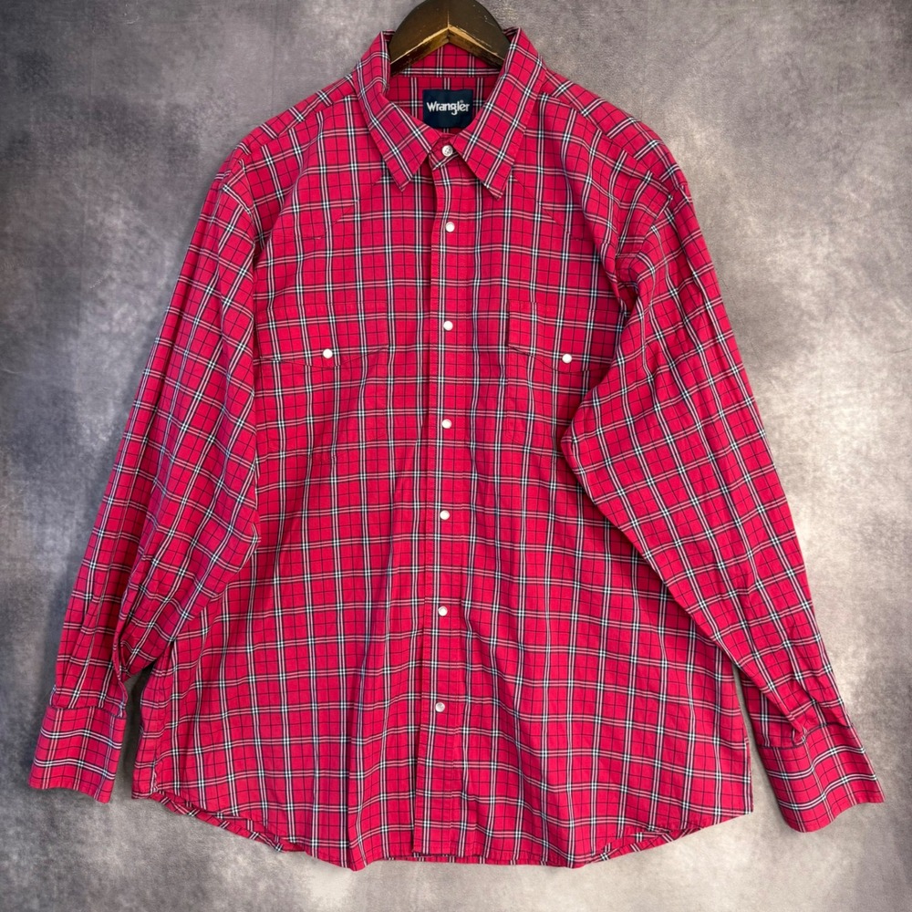 Wrangler Mens Red Plaid Western Snap Shirt XXL Long Sleeve Pearl Snap 2599